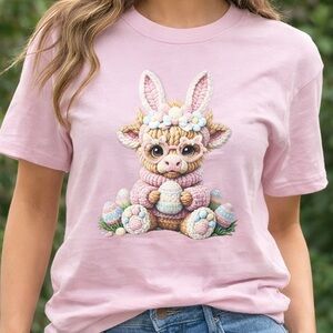 Gildan Glitter Cute Easter Bunny Highland Cow Shirt Pink Graphic Tee Pick Size🐰🌸